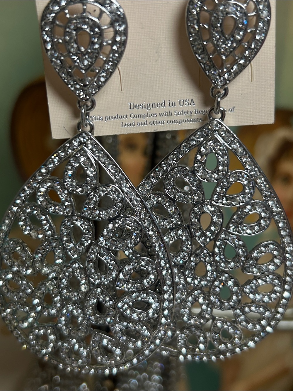 Silver Crystal Filigree Teardrop Earrings - Unbranded